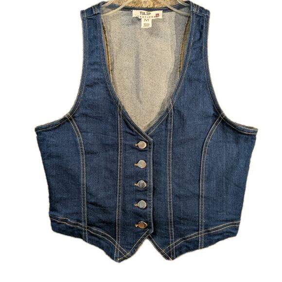 Tulip Creations Denim Tailored Vest Silver Buttons 70s Sz Medium Stretch Retro - Picture 1 of 5